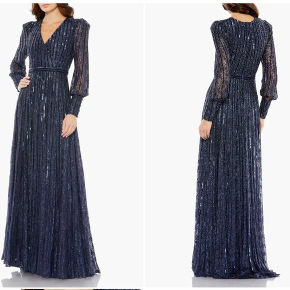 MAC DUGGAL 93679 BEADED LACE LONG SLEEVE WRAP OVER GOWN sz 12 - Picture 1 of 4